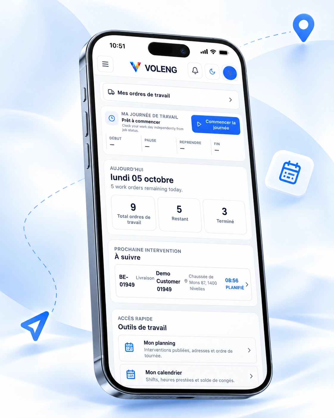 VOLENG Field Mobile daily dashboard with work-day controls, remaining jobs and next intervention.