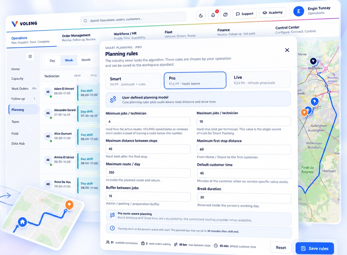 VOLENG Smart Planning PRO route optimisation, planning rules and route preview.